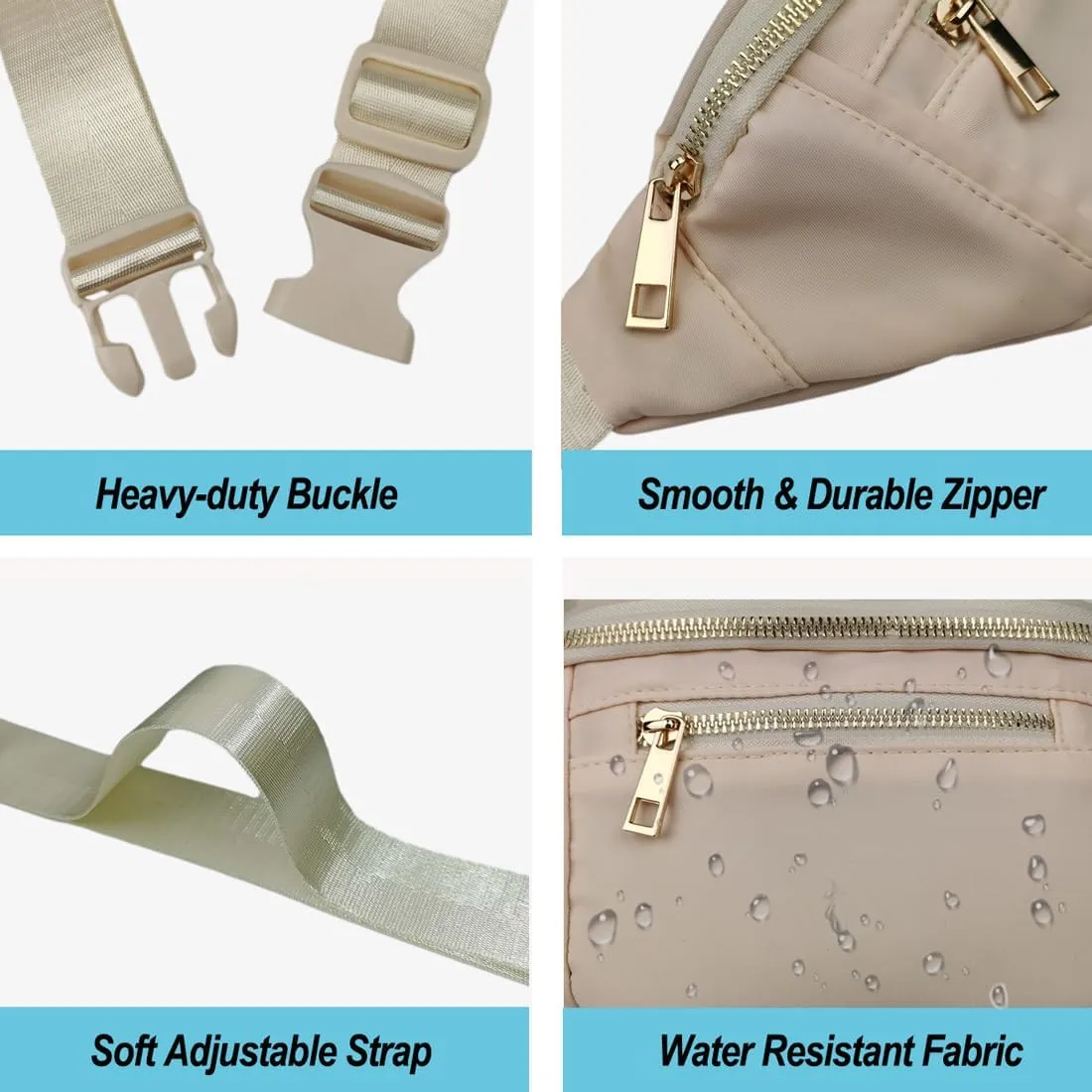 Fashionable Fanny Pack Crossbody for Women,Waist Bag Pack,Belt Bag for Travel Walking Running Hiking Cycling,Easy Carry Any Phone,Wallet (Beige,Gold zipper)