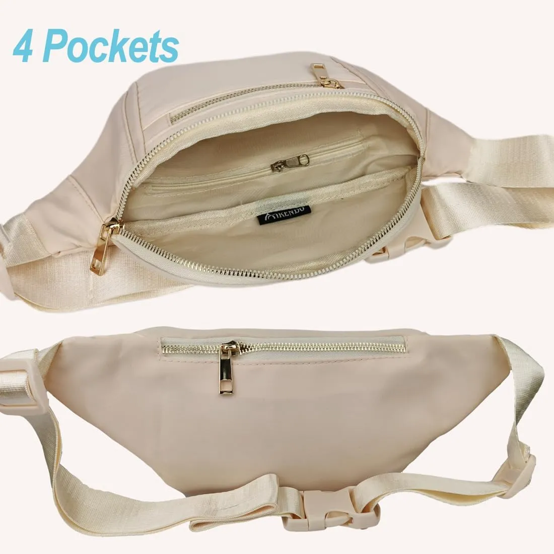 Fashionable Fanny Pack Crossbody for Women,Waist Bag Pack,Belt Bag for Travel Walking Running Hiking Cycling,Easy Carry Any Phone,Wallet (Beige,Gold zipper)