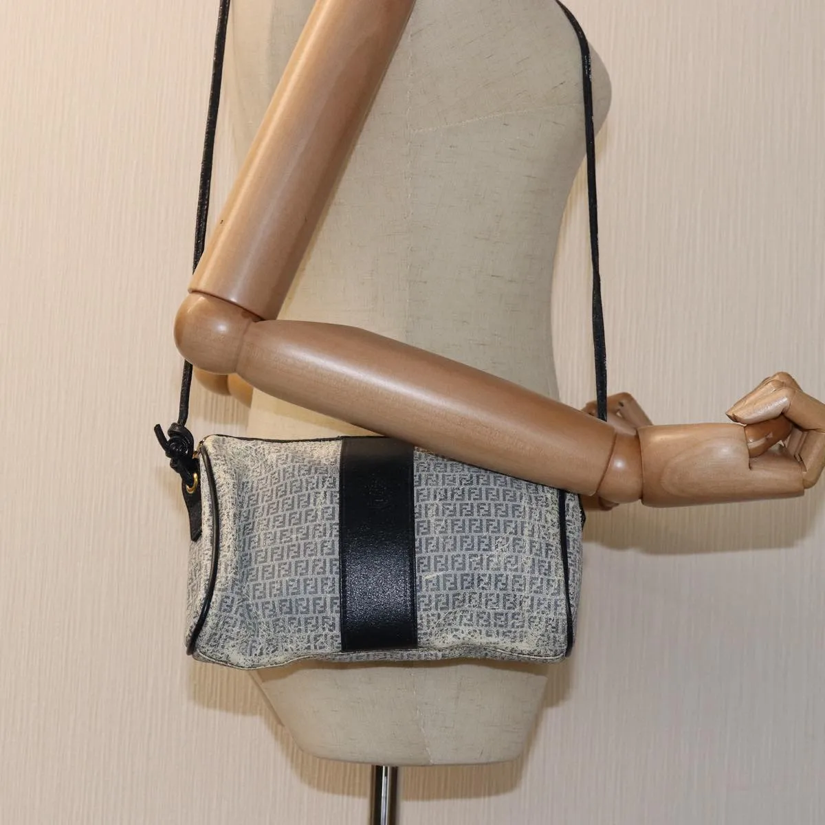 FENDI Zucchino Canvas Shoulder Bag Coated Canvas White Navy 71558