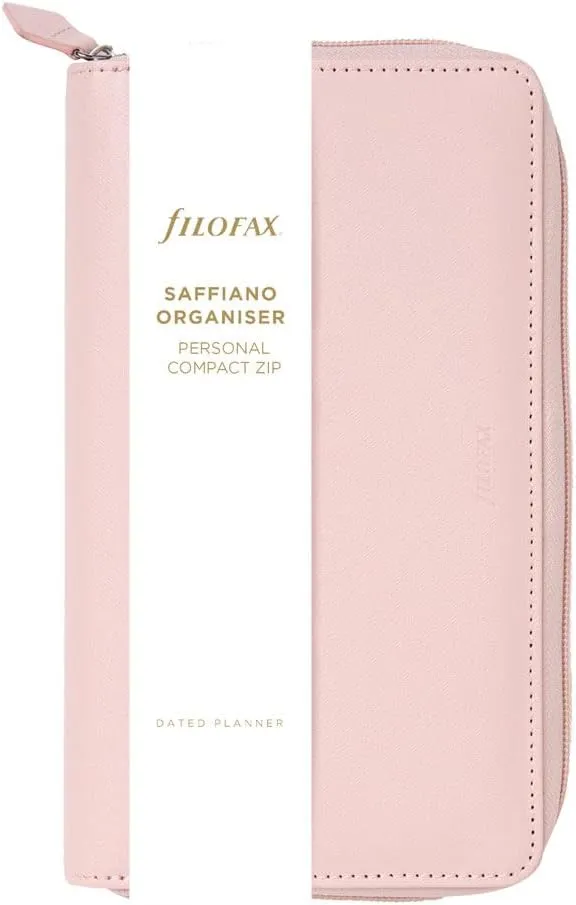 Filofax Saffiano Zip Organizer, Personal Compact Size, Blush - Cross-Grain, Leather-Look, Six Rings, Week-to-View Calendar Diary, Multilingual, 2025 (C022699-25)