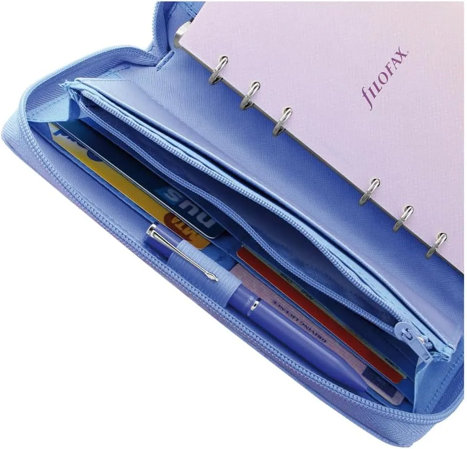 Filofax Saffiano Zip Organizer, Personal Compact Size, Vista Blue - Cross-Grain, Leather-Look, Six Rings, Week-to-View Calendar Diary, Multilingual, 2025 (C022592-25)