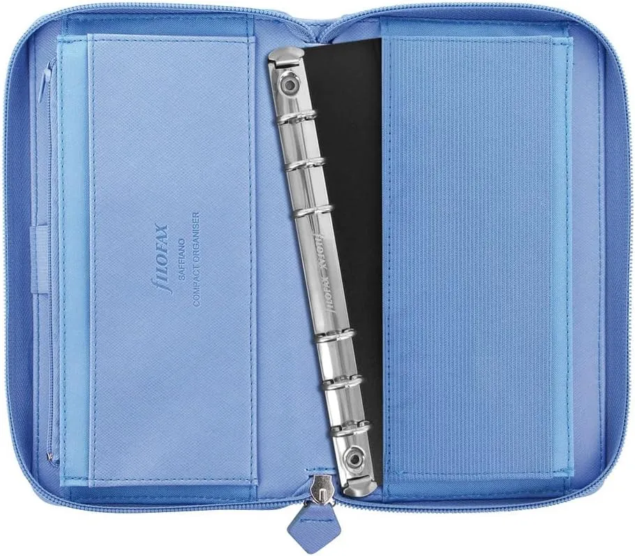 Filofax Saffiano Zip Organizer, Personal Compact Size, Vista Blue - Cross-Grain, Leather-Look, Six Rings, Week-to-View Calendar Diary, Multilingual, 2025 (C022592-25)