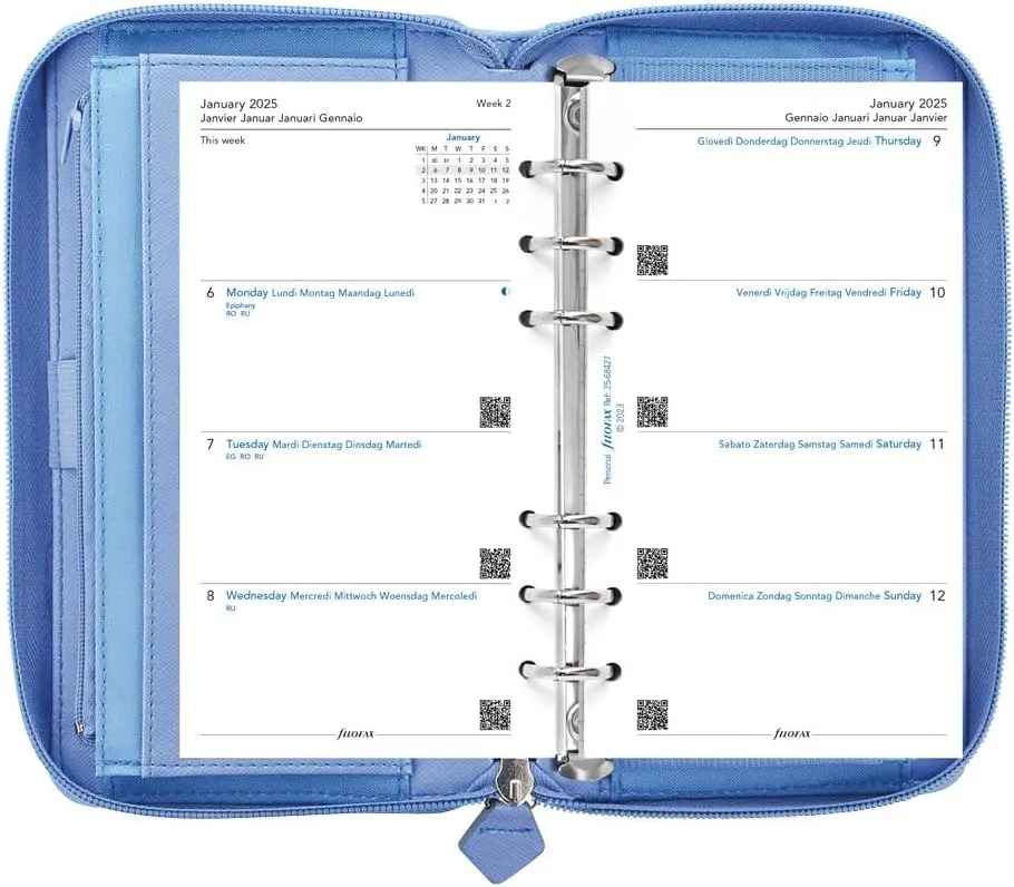 Filofax Saffiano Zip Organizer, Personal Compact Size, Vista Blue - Cross-Grain, Leather-Look, Six Rings, Week-to-View Calendar Diary, Multilingual, 2025 (C022592-25)