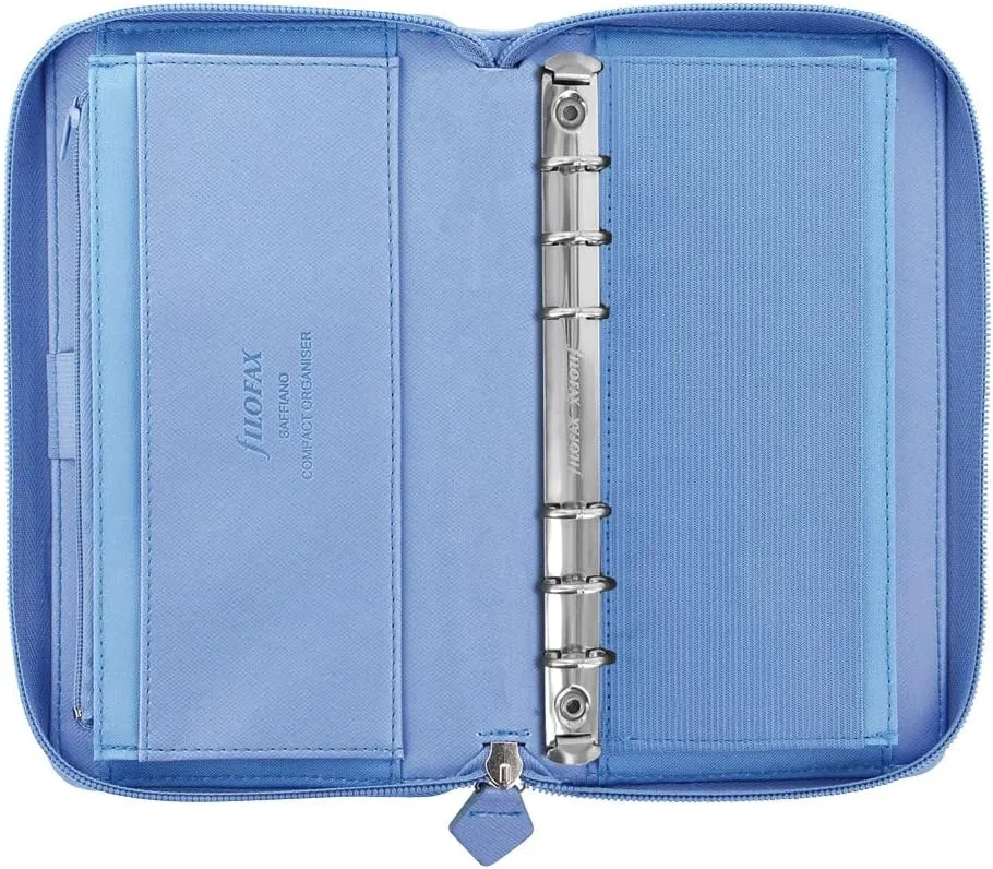 Filofax Saffiano Zip Organizer, Personal Compact Size, Vista Blue - Cross-Grain, Leather-Look, Six Rings, Week-to-View Calendar Diary, Multilingual, 2025 (C022592-25)