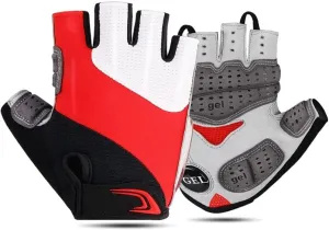 Fingerless Cycling Gloves for Men & Women, Shock-Absorbing Half Finger Sports Gloves, Red, Size X