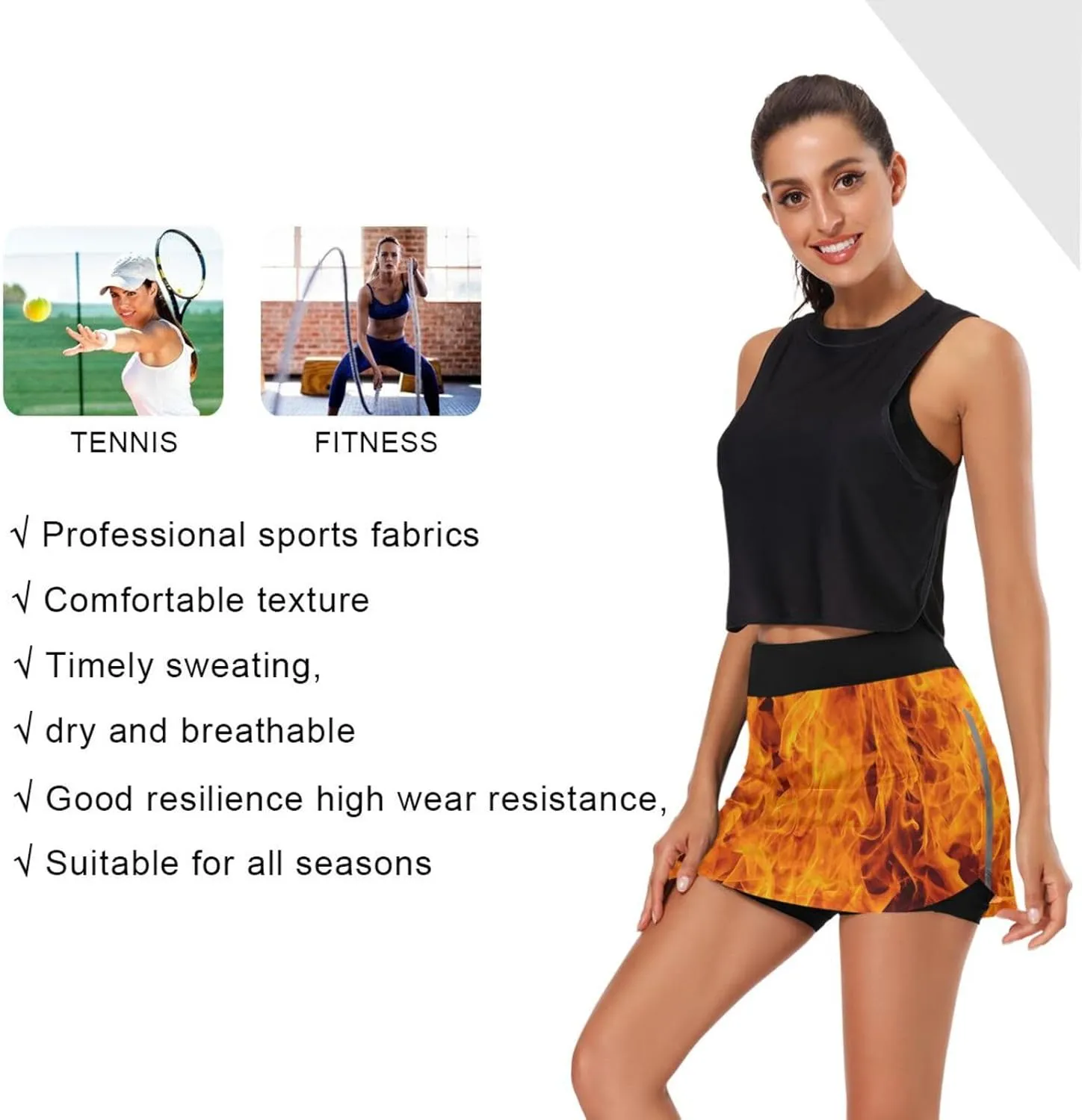 Fire Flame Women's Active Performance Skort Lightweight Skirt for Running Tennis Golf Workout Sports