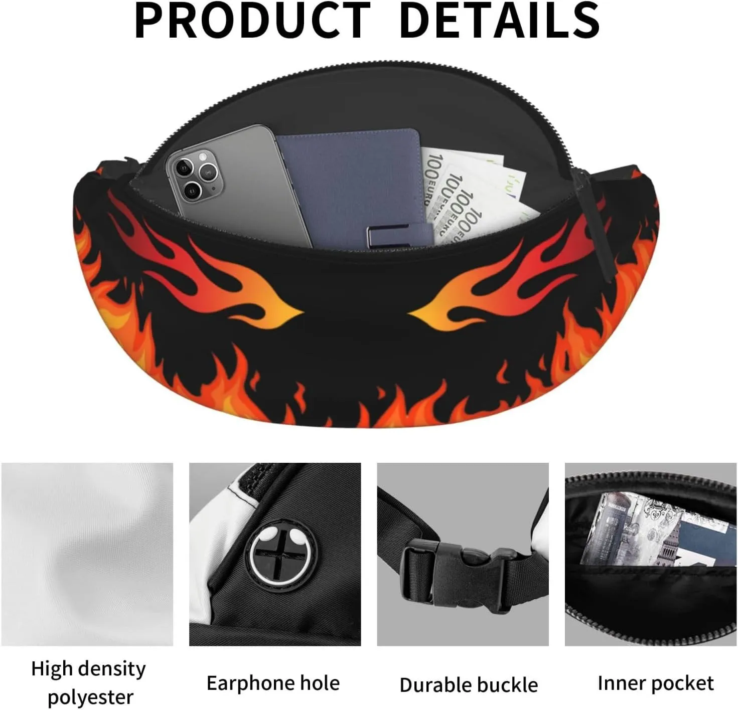 Flame Design Fanny Pack, Waist Pack with Zipper, Black and Orange Fire Pattern, Crossbody Belt Bag for Travel, Running, Hiking