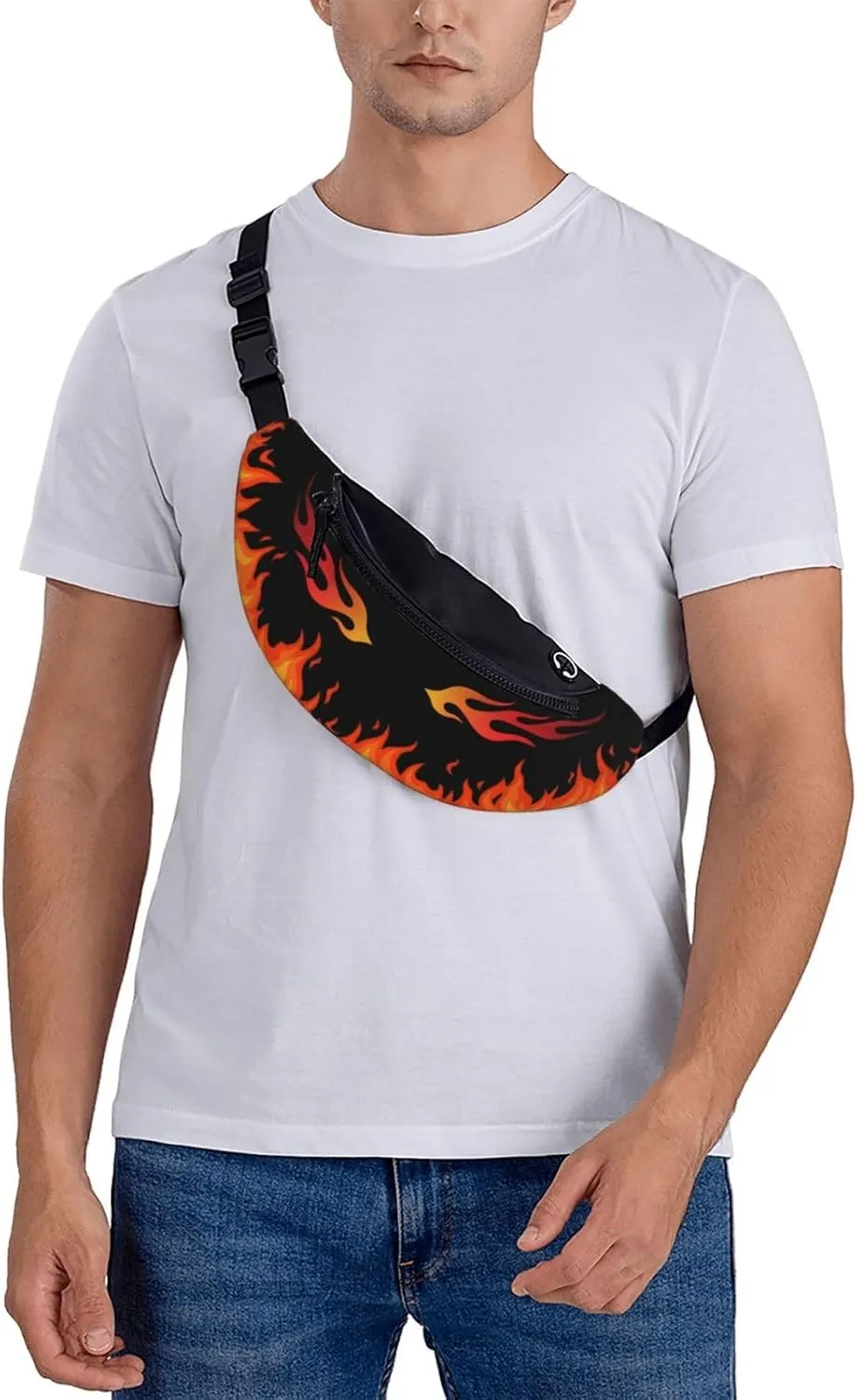 Flame Design Fanny Pack, Waist Pack with Zipper, Black and Orange Fire Pattern, Crossbody Belt Bag for Travel, Running, Hiking