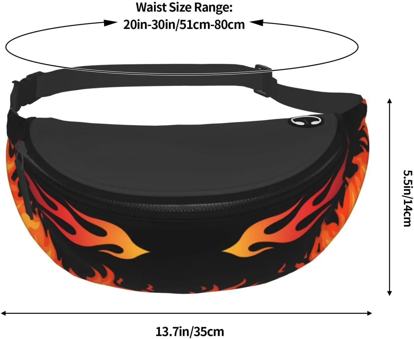 Flame Design Fanny Pack, Waist Pack with Zipper, Black and Orange Fire Pattern, Crossbody Belt Bag for Travel, Running, Hiking