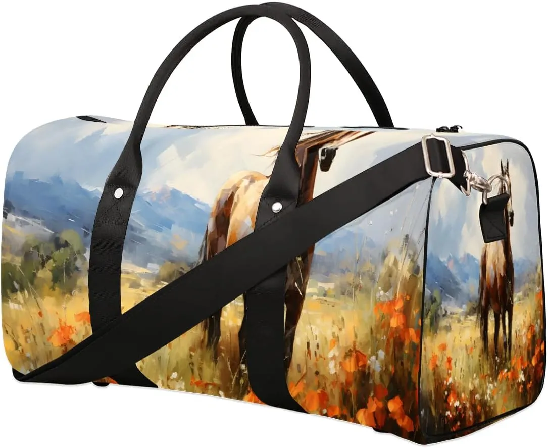Floral Horse Pattern Travel Duffel Bag for Women Men Waterproof Foldable Overnight Weekender Bag Large Capacity Sports Gym Bag