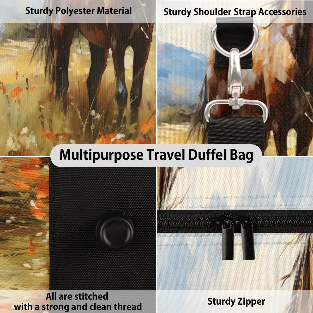 Floral Horse Pattern Travel Duffel Bag for Women Men Waterproof Foldable Overnight Weekender Bag Large Capacity Sports Gym Bag