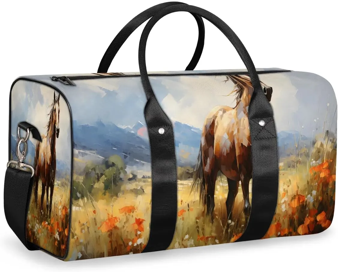 Floral Horse Pattern Travel Duffel Bag for Women Men Waterproof Foldable Overnight Weekender Bag Large Capacity Sports Gym Bag