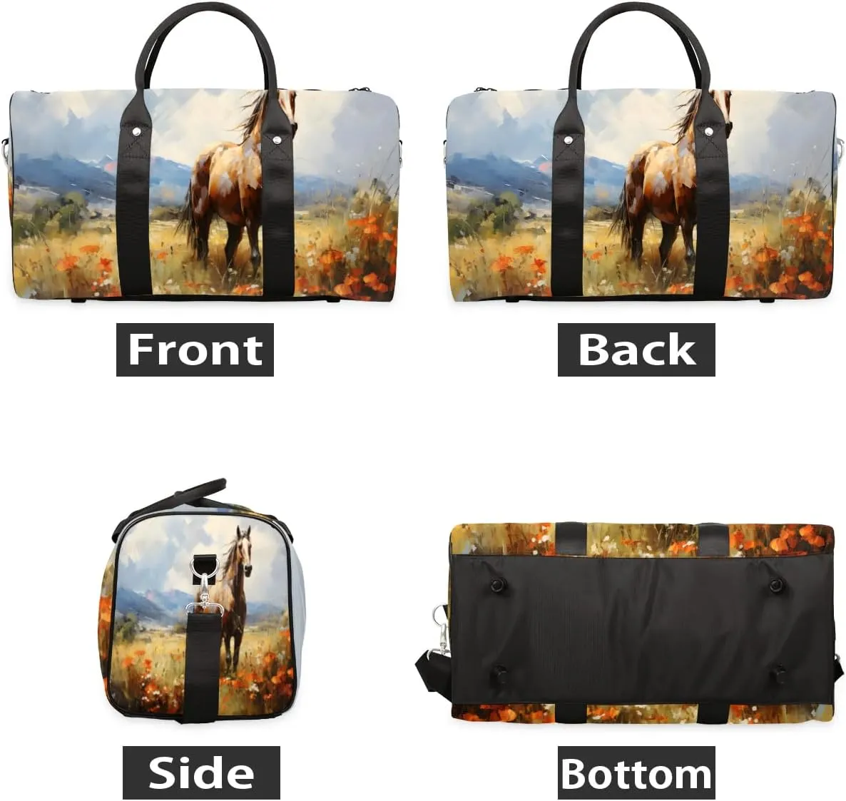 Floral Horse Pattern Travel Duffel Bag for Women Men Waterproof Foldable Overnight Weekender Bag Large Capacity Sports Gym Bag