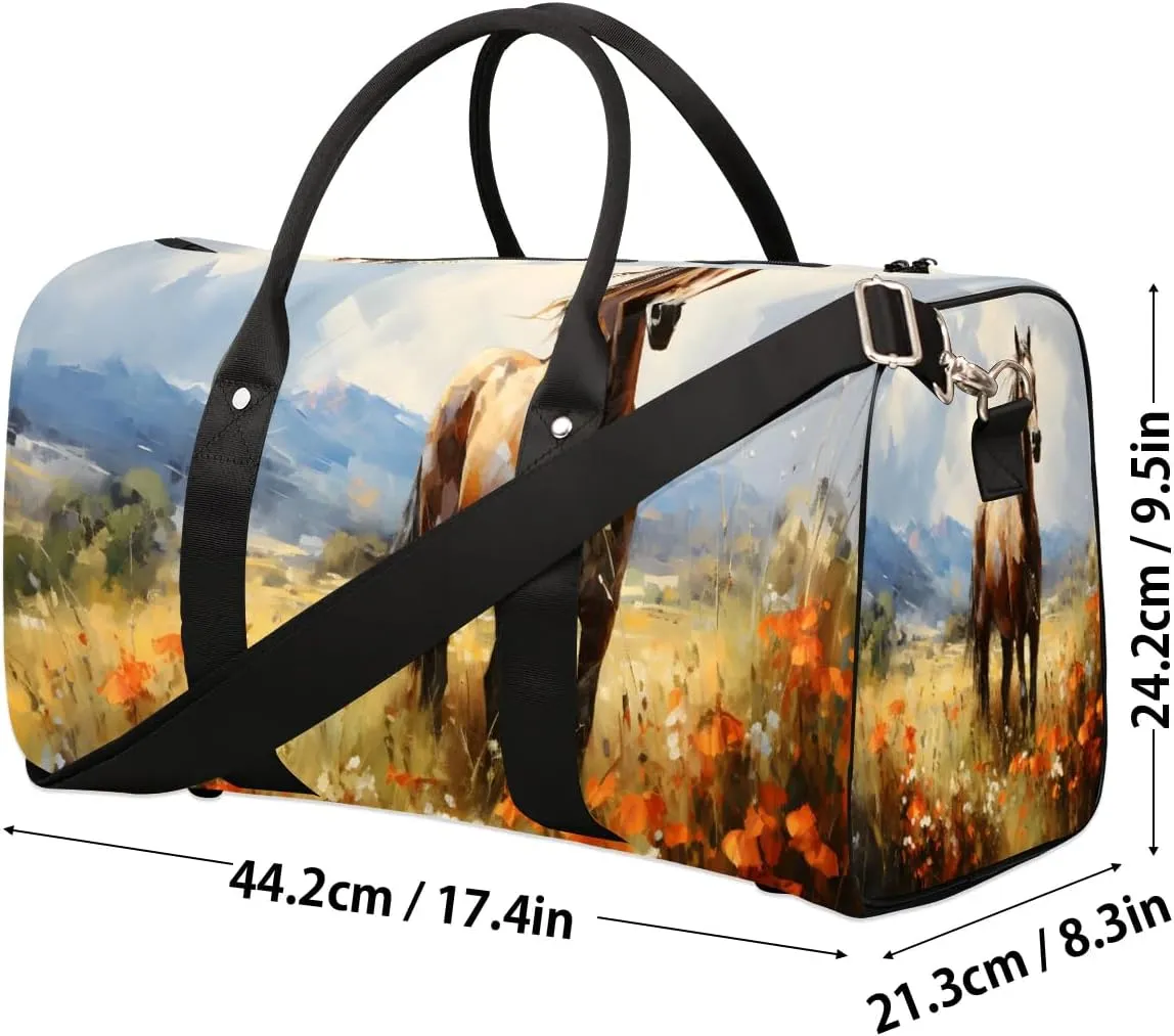 Floral Horse Pattern Travel Duffel Bag for Women Men Waterproof Foldable Overnight Weekender Bag Large Capacity Sports Gym Bag
