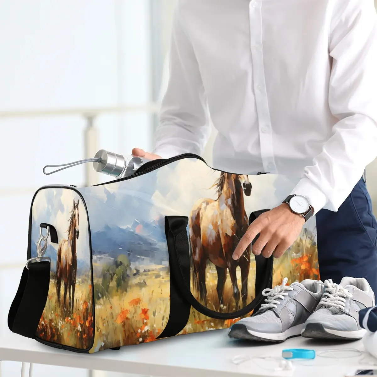 Floral Horse Pattern Travel Duffel Bag for Women Men Waterproof Foldable Overnight Weekender Bag Large Capacity Sports Gym Bag