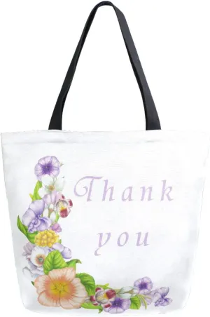 Floral Thank You Canvas Tote Bag Purple Flowers Thanksgiving Women Shoulder Bag Reusable Grocery Bags Large Handbag Travel Shopping Bag for School Nursing Gift Outdoors