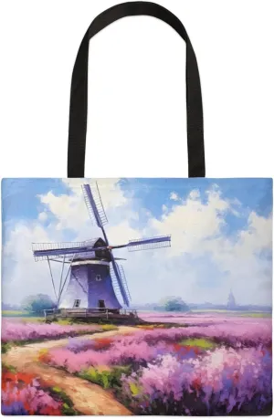 Flower Field Windmill Square Canvas Tote Bag Top Handle Purses Stylish Women Canvas Shoulder Tote Bags Reusable Handbags for Work Travel Picnic Beach Shopping Gym Hiking