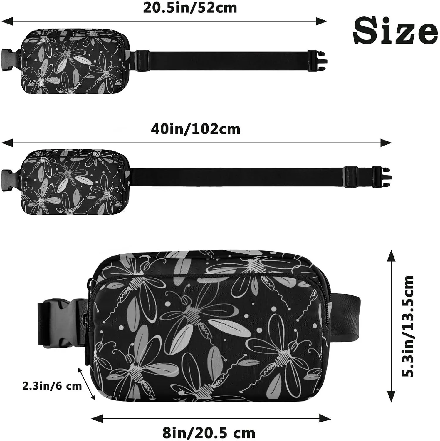 Flying Dragonflies with wings in Black White Vintage Retro Style Adjustable Belt Running Bag, Crossbody Fanny Pack Waist Runners Bag Tote for Women Men Sports Hiking Fitness Exercise Gym Pouch