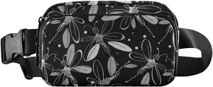 Flying Dragonflies with wings in Black White Vintage Retro Style Adjustable Belt Running Bag, Crossbody Fanny Pack Waist Runners Bag Tote for Women Men Sports Hiking Fitness Exercise Gym Pouch