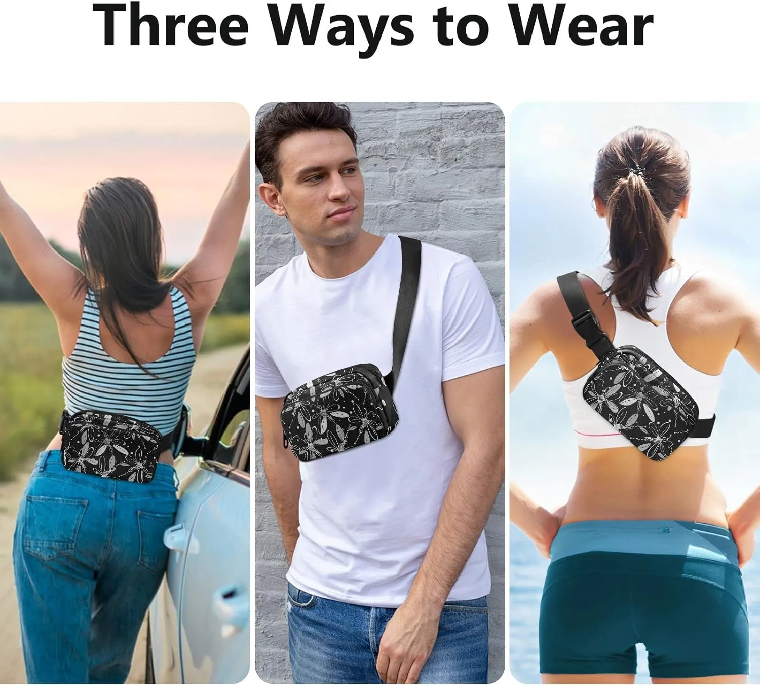 Flying Dragonflies with wings in Black White Vintage Retro Style Adjustable Belt Running Bag, Crossbody Fanny Pack Waist Runners Bag Tote for Women Men Sports Hiking Fitness Exercise Gym Pouch