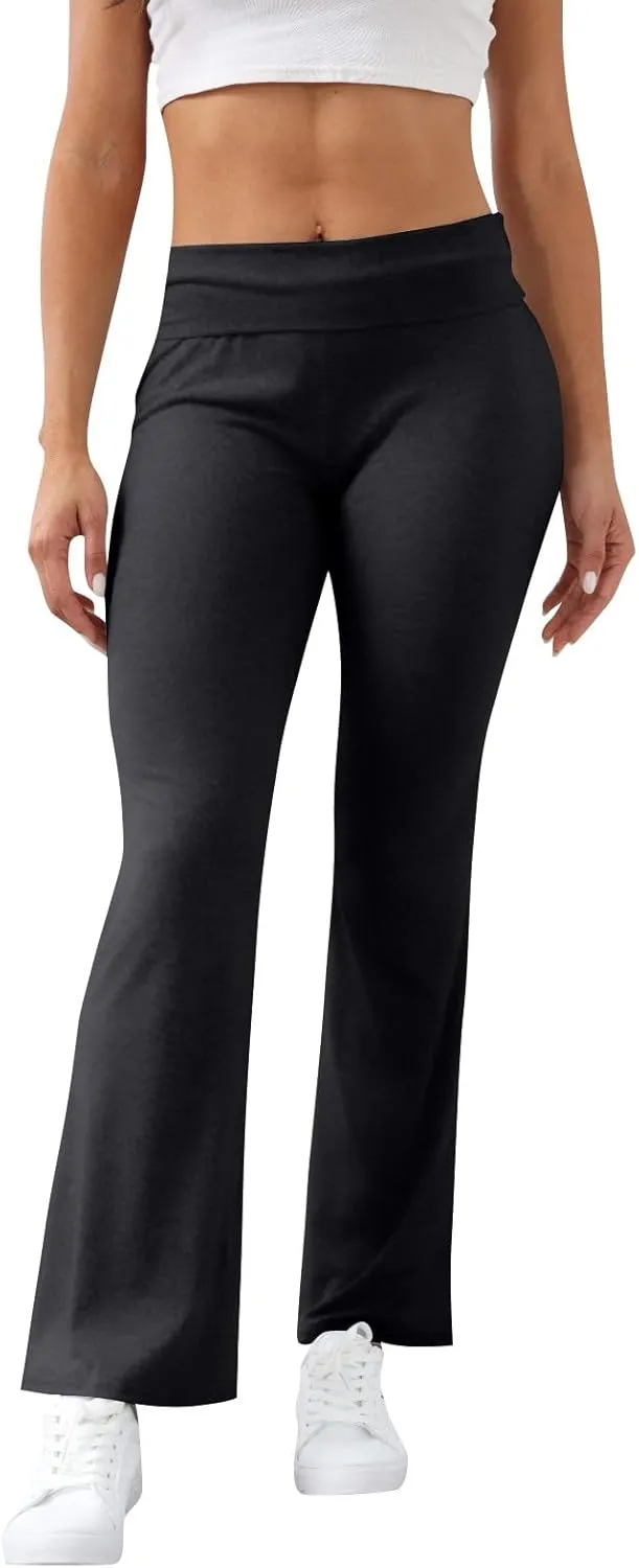 Fold Over Yoga Pants for Women Stretchy Low Rise Petite Flare Leggings Pull On Gym Athletic Workout Leggings