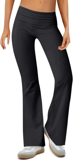 Fold Over Yoga Pants for Women Stretchy Low Rise Petite Flare Leggings Pull On Gym Athletic Workout Leggings