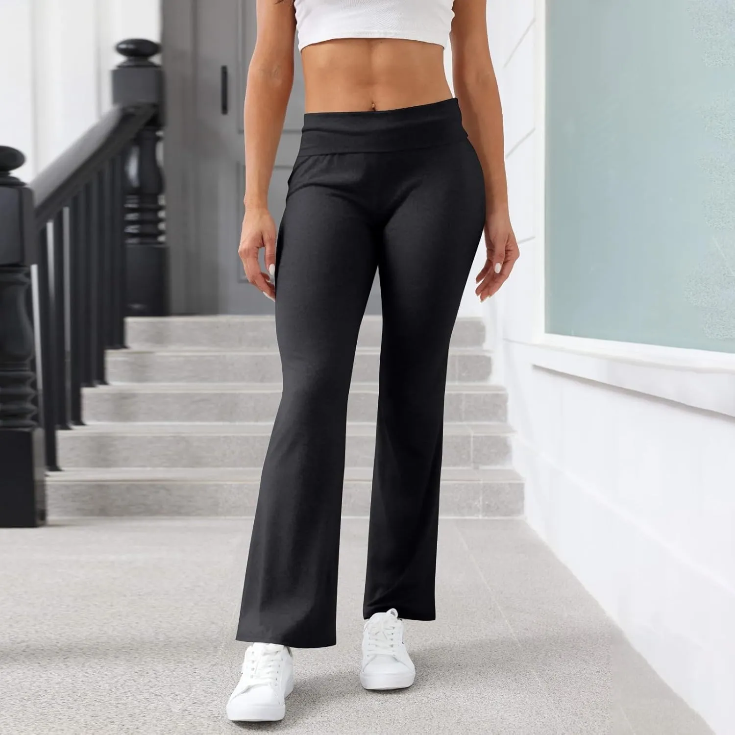 Fold Over Yoga Pants for Women Stretchy Low Rise Petite Flare Leggings Pull On Gym Athletic Workout Leggings