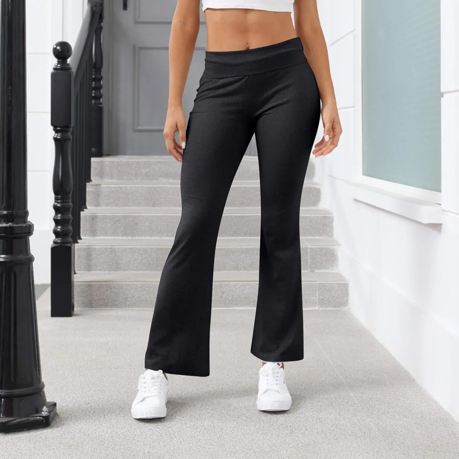 Fold Over Yoga Pants for Women Stretchy Low Rise Petite Flare Leggings Pull On Gym Athletic Workout Leggings