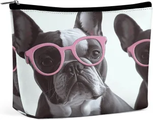 French Bulldog Pink Glasses Travel Makeup Bag Large Toiletry Bag for Women Waterproof Cosmetic Bags for Purse Portable Makeup Organizer Bags Cute Zipper Pouch Cosmetic Pouch Funny Travel Makeupbag