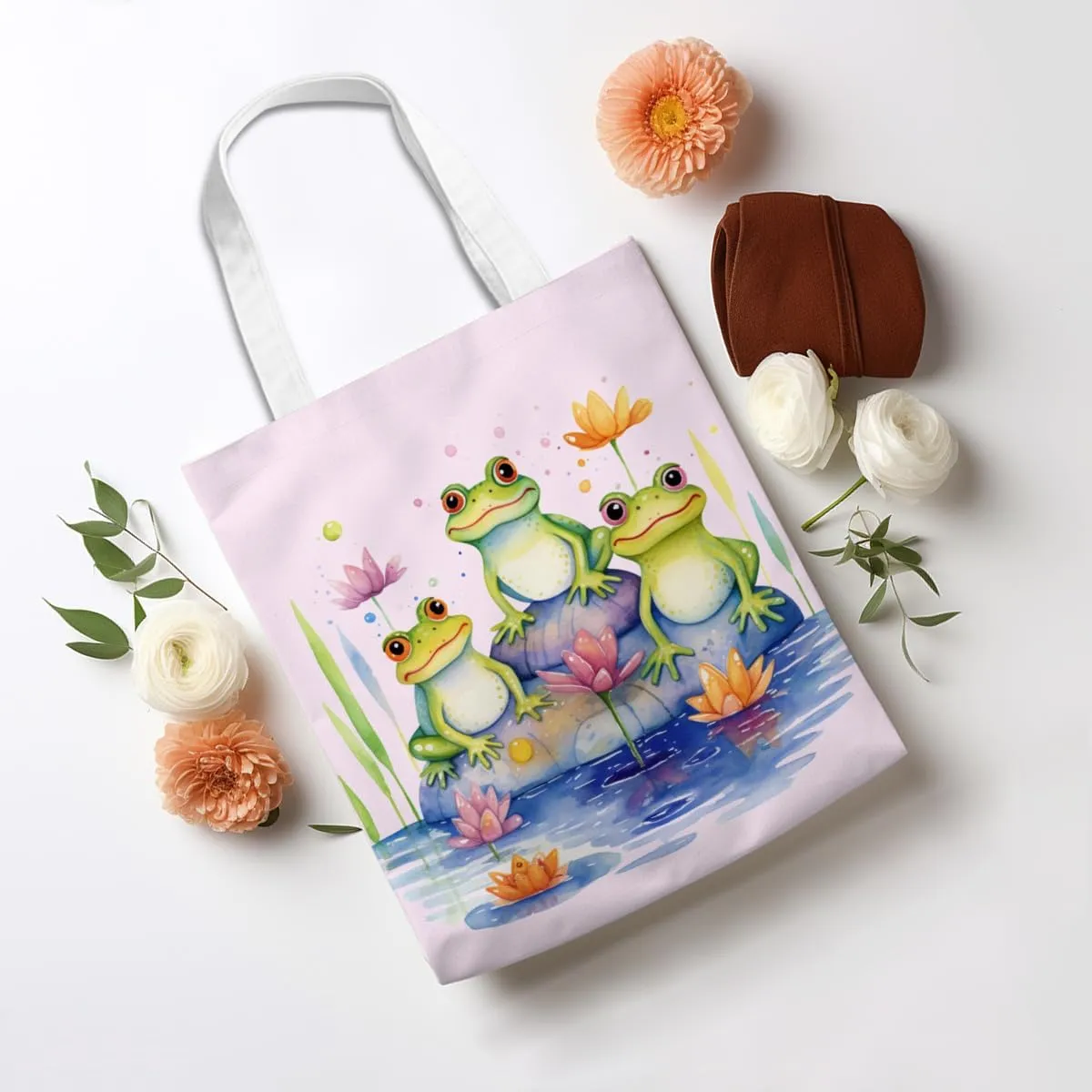 Frog Decor Canvas Tote Bag for Women - Cute Beach & Christmas Gifts - Reusable Grocery Bags