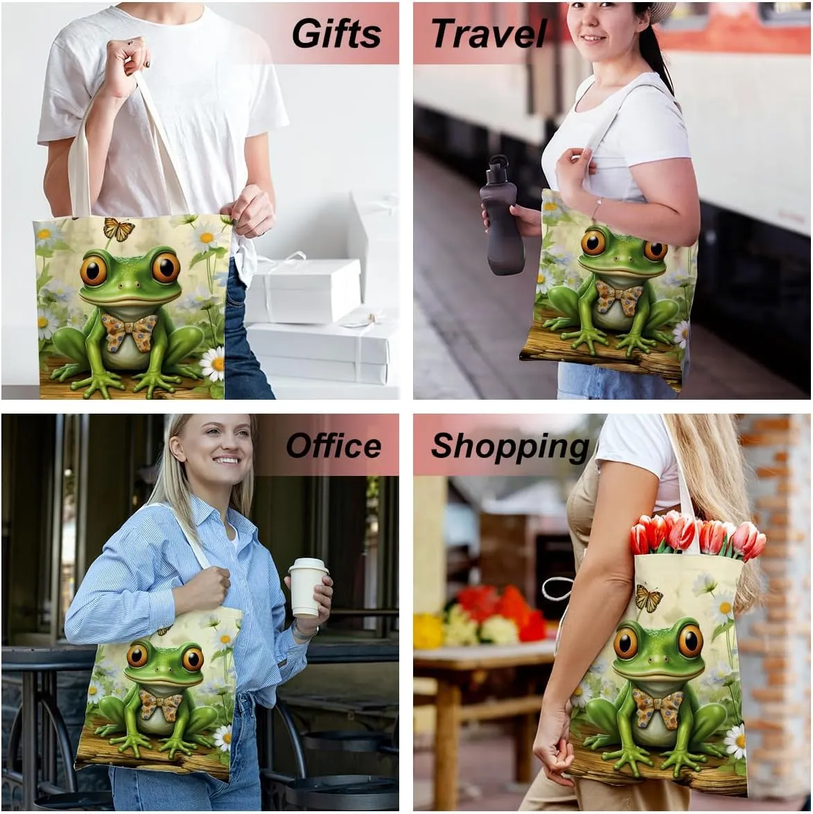Frog Decor Canvas Tote Bag for Women - Cute Beach & Christmas Gifts - Reusable Grocery Bags