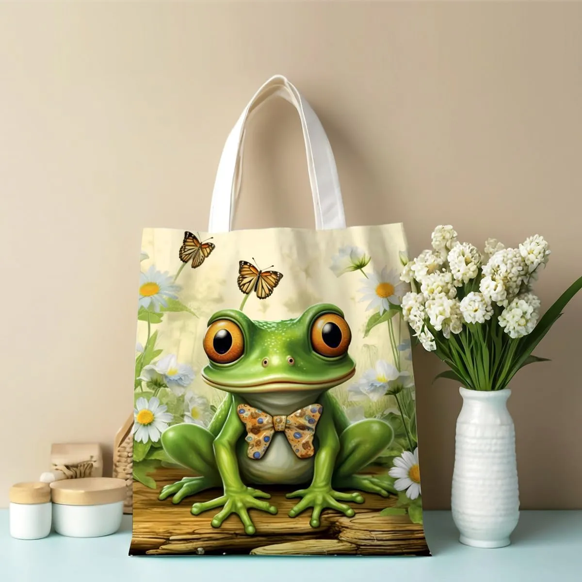Frog Decor Canvas Tote Bag for Women - Cute Beach & Christmas Gifts - Reusable Grocery Bags