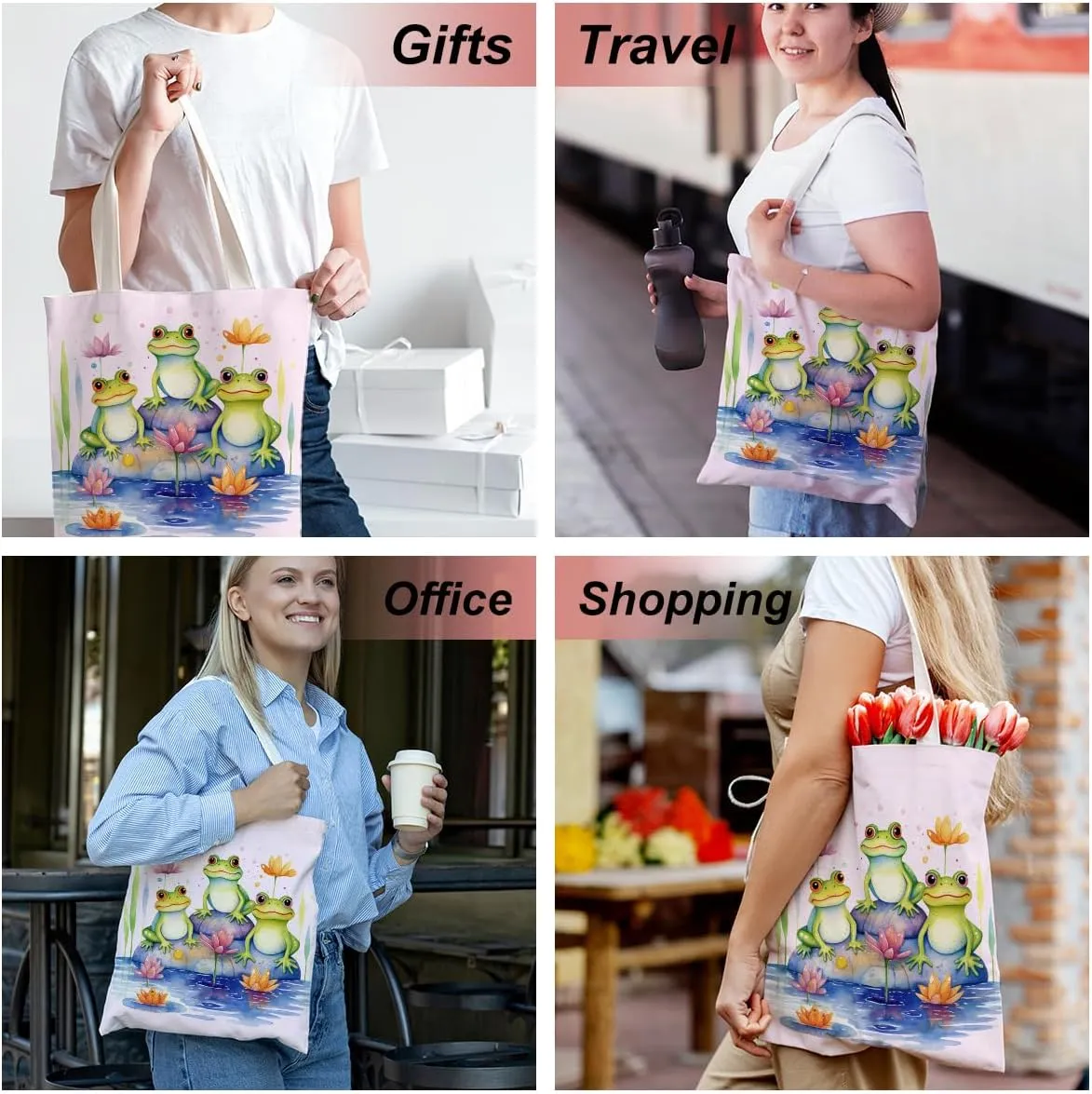 Frog Decor Canvas Tote Bag for Women - Cute Beach & Christmas Gifts - Reusable Grocery Bags