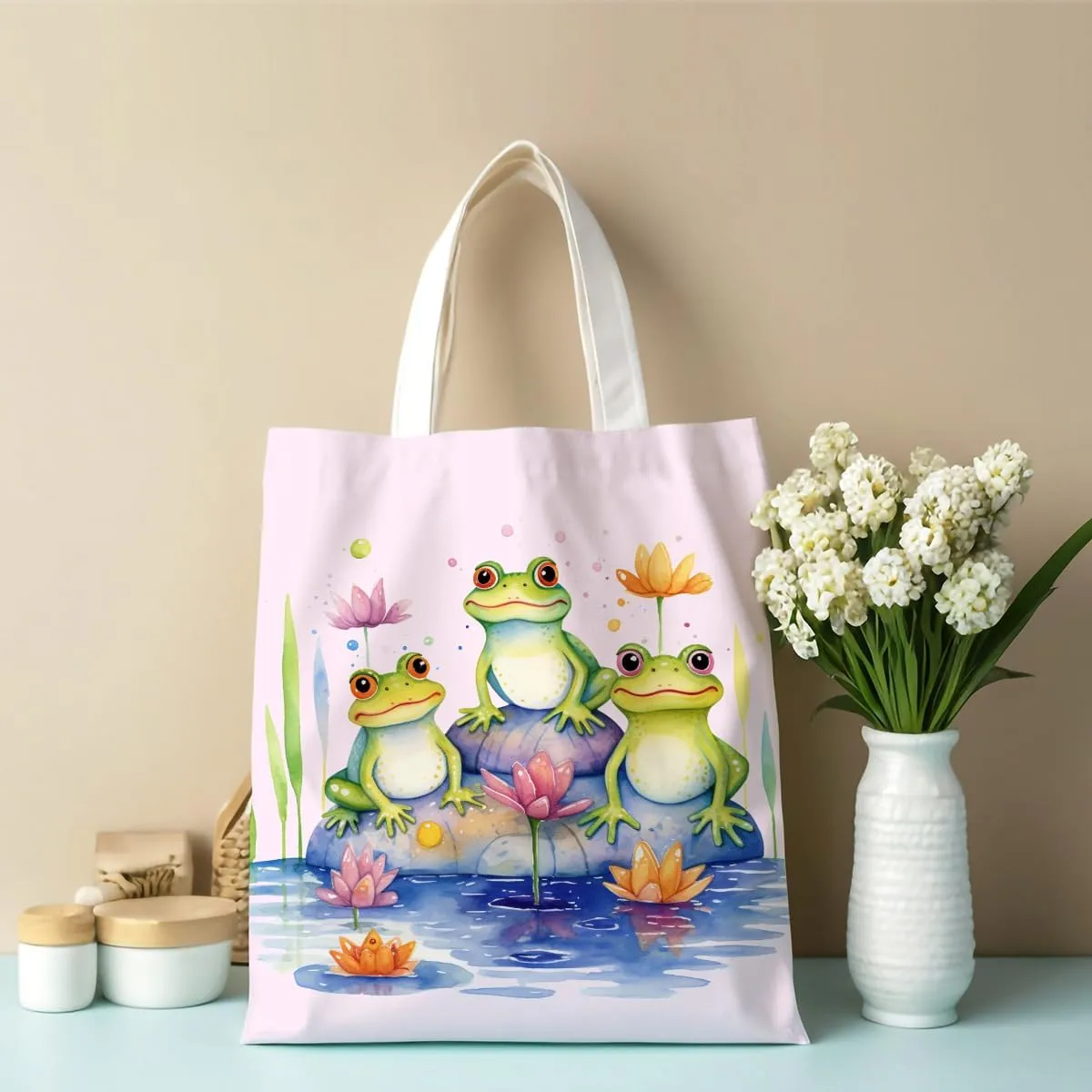 Frog Decor Canvas Tote Bag for Women - Cute Beach & Christmas Gifts - Reusable Grocery Bags