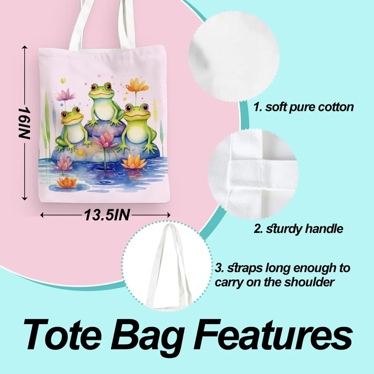 Frog Decor Canvas Tote Bag for Women - Cute Beach & Christmas Gifts - Reusable Grocery Bags