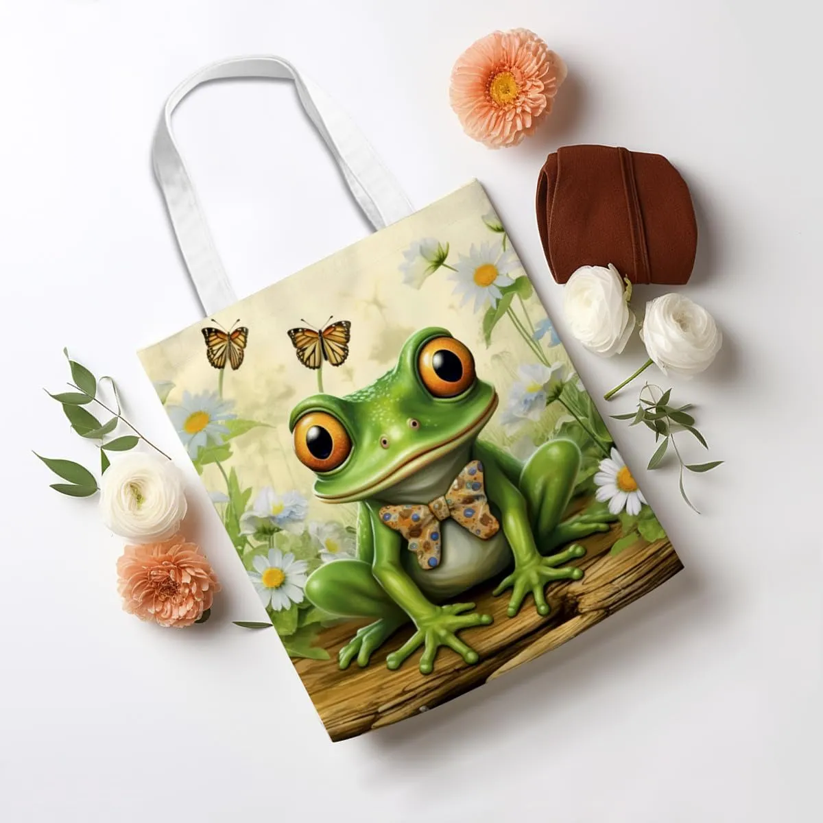 Frog Decor Canvas Tote Bag for Women - Cute Beach & Christmas Gifts - Reusable Grocery Bags