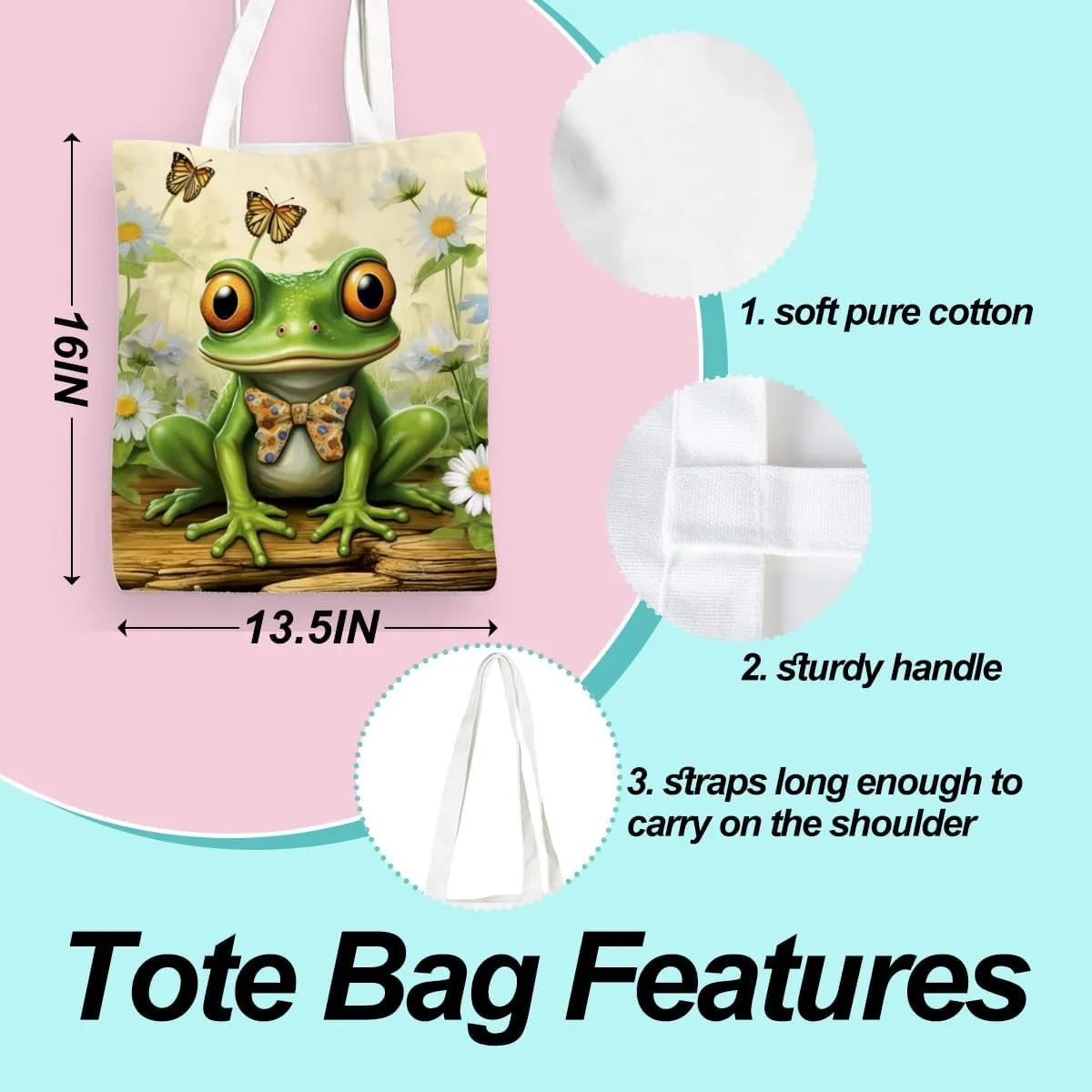 Frog Decor Canvas Tote Bag for Women - Cute Beach & Christmas Gifts - Reusable Grocery Bags