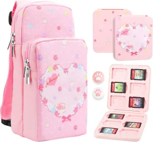 FUNDIARY Pink Carrying Travel Bag for Nintendo Switch/OLED/Lite with Bunny Design, Cute Anime Rabbit Portable Accessories Bundle with Shoulder Bag Crossbody Backpack, Game Case Holder and 2 Thumb Caps
