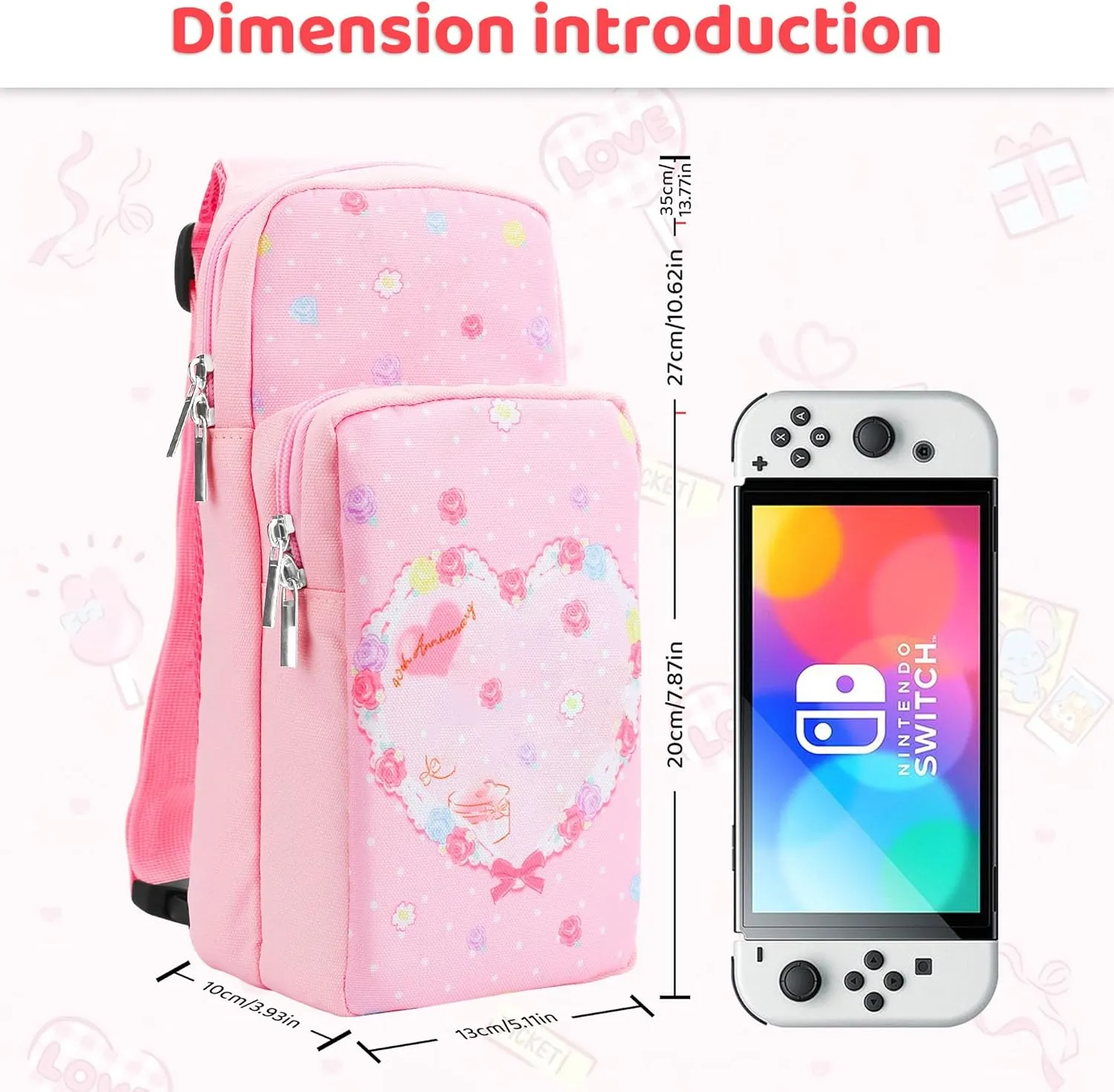 FUNDIARY Pink Carrying Travel Bag for Nintendo Switch/OLED/Lite with Bunny Design, Cute Anime Rabbit Portable Accessories Bundle with Shoulder Bag Crossbody Backpack, Game Case Holder and 2 Thumb Caps