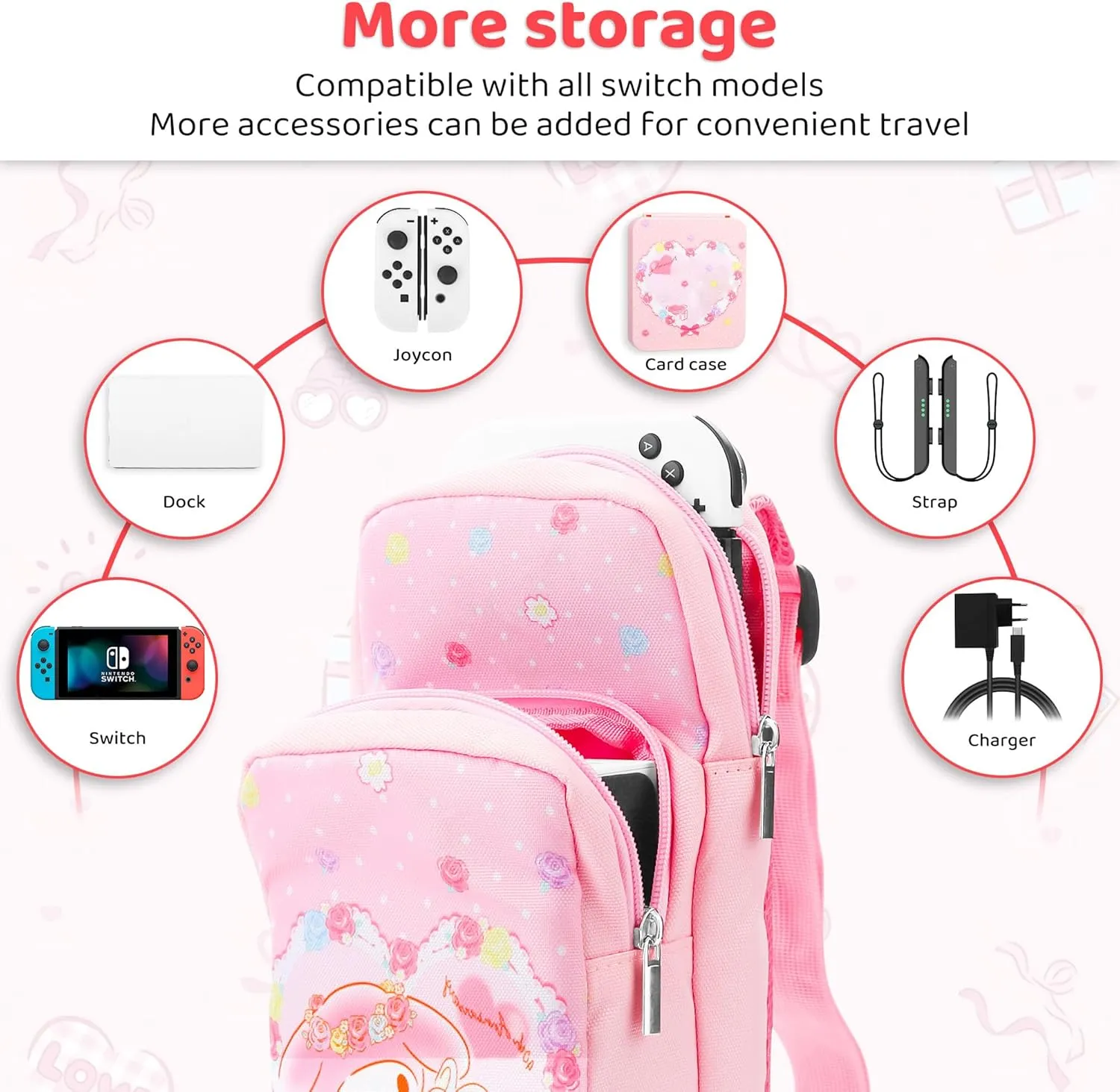 FUNDIARY Pink Carrying Travel Bag for Nintendo Switch/OLED/Lite with Bunny Design, Cute Anime Rabbit Portable Accessories Bundle with Shoulder Bag Crossbody Backpack, Game Case Holder and 2 Thumb Caps