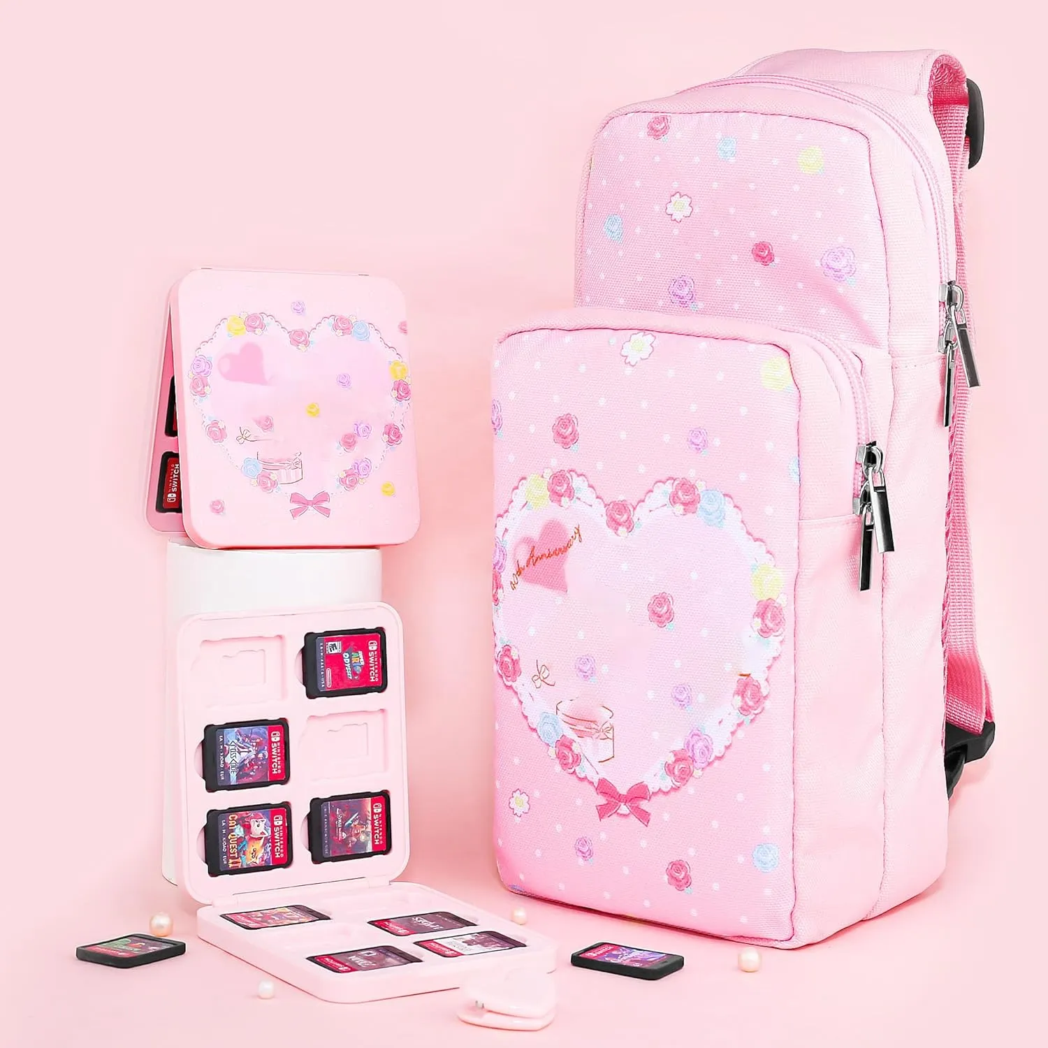 FUNDIARY Pink Carrying Travel Bag for Nintendo Switch/OLED/Lite with Bunny Design, Cute Anime Rabbit Portable Accessories Bundle with Shoulder Bag Crossbody Backpack, Game Case Holder and 2 Thumb Caps