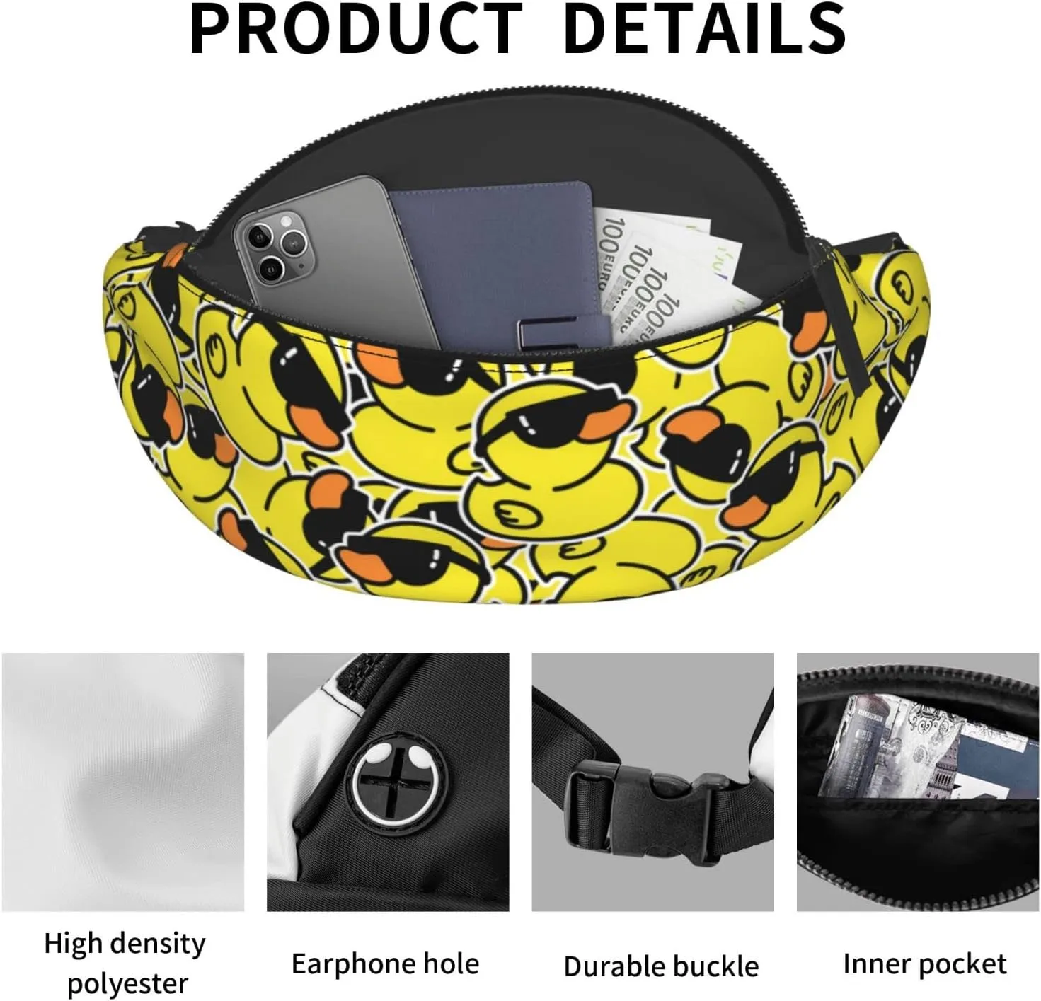 Funny Duck with Glasses Fanny Pack Crossbody Waist Bag Pack for Men Women. Belt Bag for Travel Walking Running Hiking Fishing.