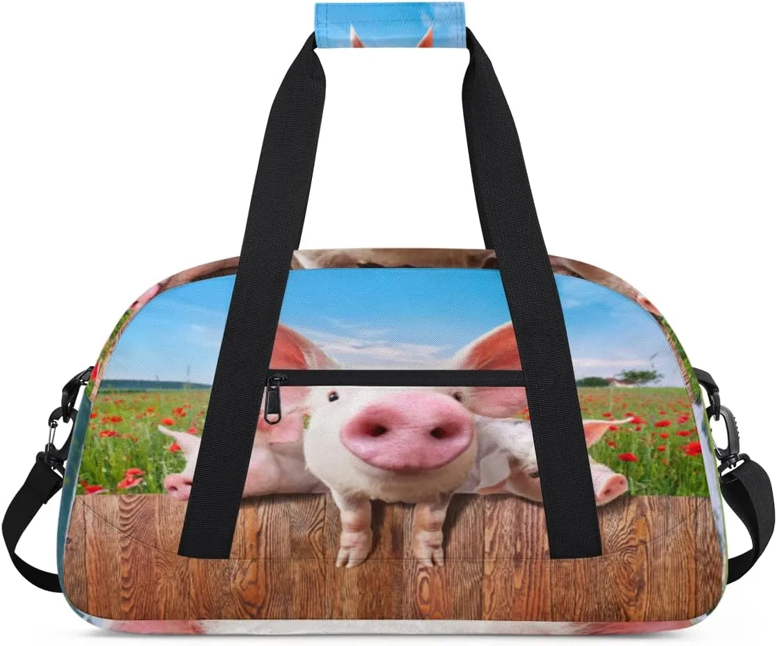 Funny Pig Gym Duffel Bag for Men Women Poppy Farm Sports Tote Bag with Adjustable Shoulder Strap for Dance Gymnastics Traveling Outdoor Camping Overnight Stay