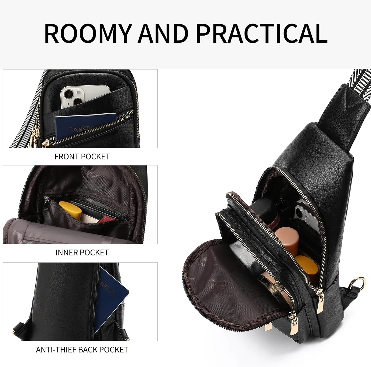 GAEKEAO Sling Bag for Women Vegan Leather Crossbody Bags Fanny Pack Chest Pack Small Backpack Travel Purse Shoulder Bag