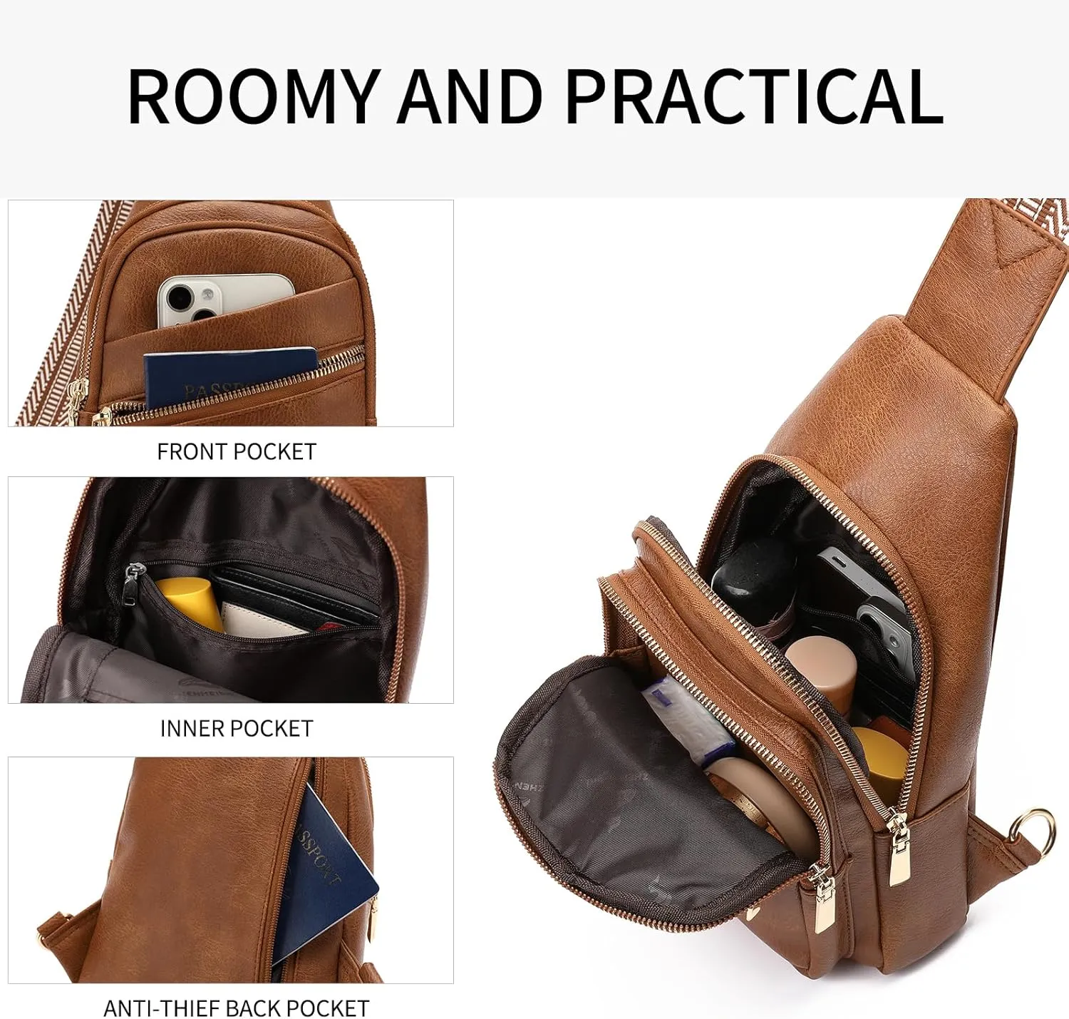 GAEKEAO Sling Bag for Women Vegan Leather Crossbody Bags Fanny Pack Chest Pack Small Backpack Travel Purse Shoulder Bag