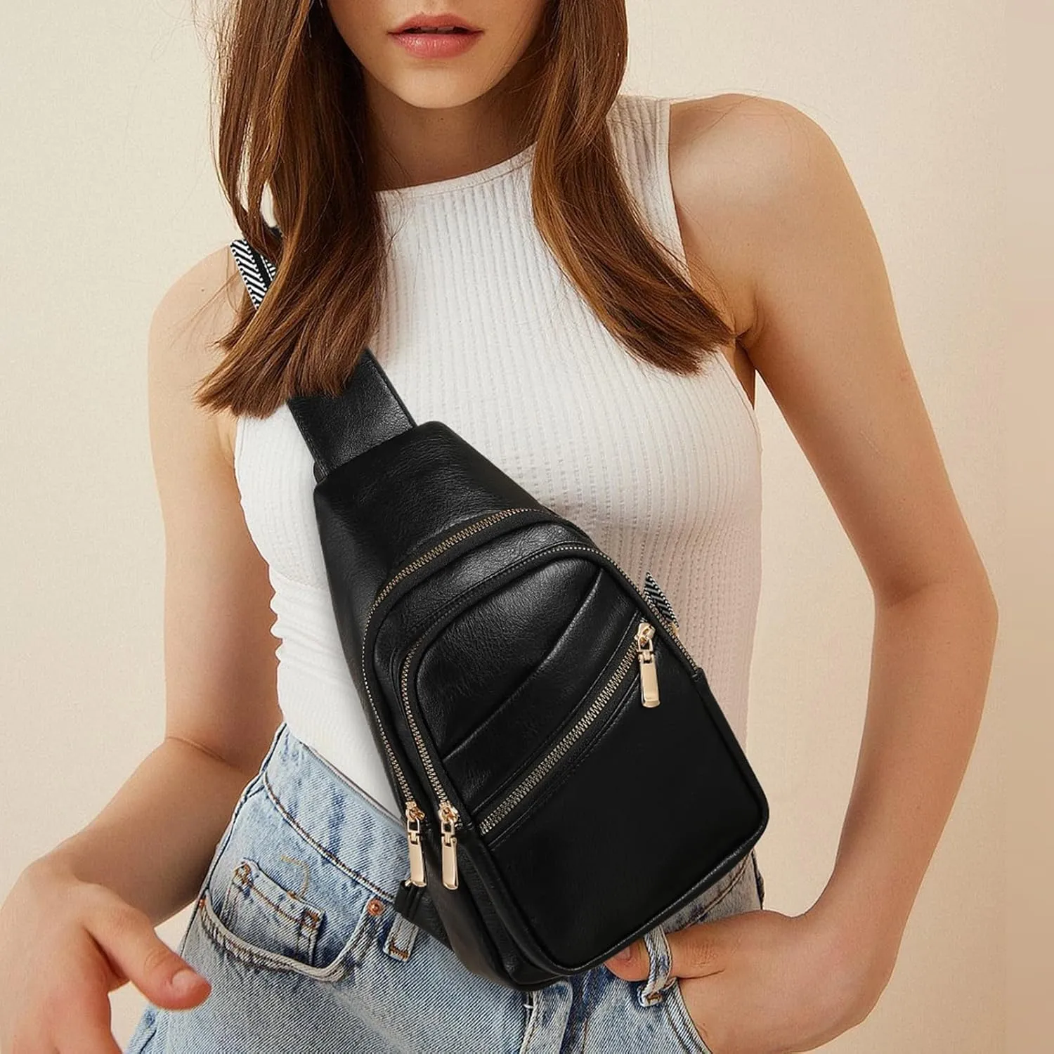 GAEKEAO Sling Bag for Women Vegan Leather Crossbody Bags Fanny Pack Chest Pack Small Backpack Travel Purse Shoulder Bag