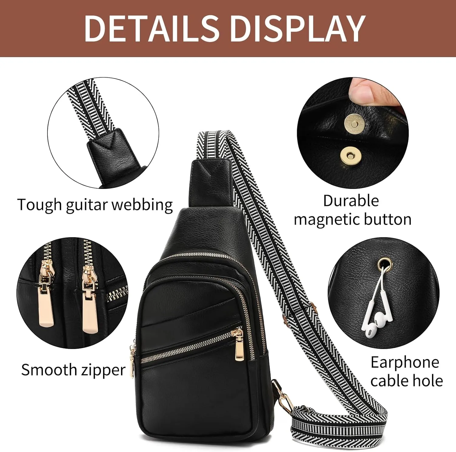 GAEKEAO Sling Bag for Women Vegan Leather Crossbody Bags Fanny Pack Chest Pack Small Backpack Travel Purse Shoulder Bag