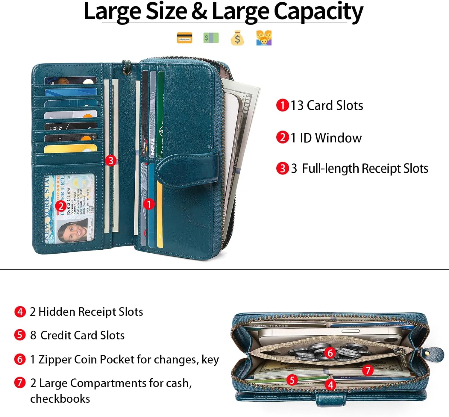 GAEKEAO Wallet for Women Clutch RFID Blocking Leather Wristlet Purse Large Capacity Credit Card Holder Zip Around Wallets