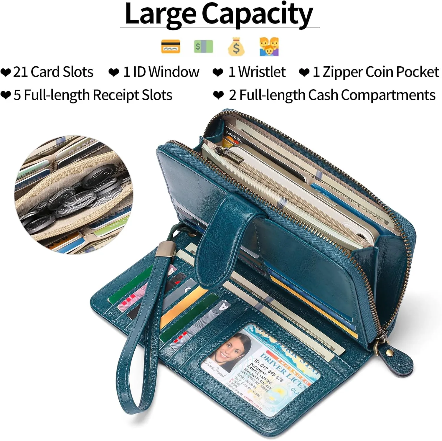 GAEKEAO Wallet for Women Clutch RFID Blocking Leather Wristlet Purse Large Capacity Credit Card Holder Zip Around Wallets