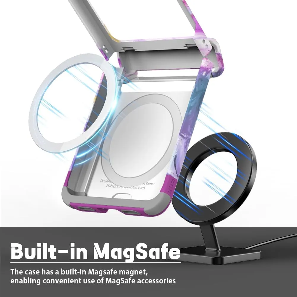 Galaxy Z Flip 6 Case with Pink Marble Design, Dual Card Slot, Hinge Protection, Shock-Absorbing Slim Protective Case, MagSafe Compatible